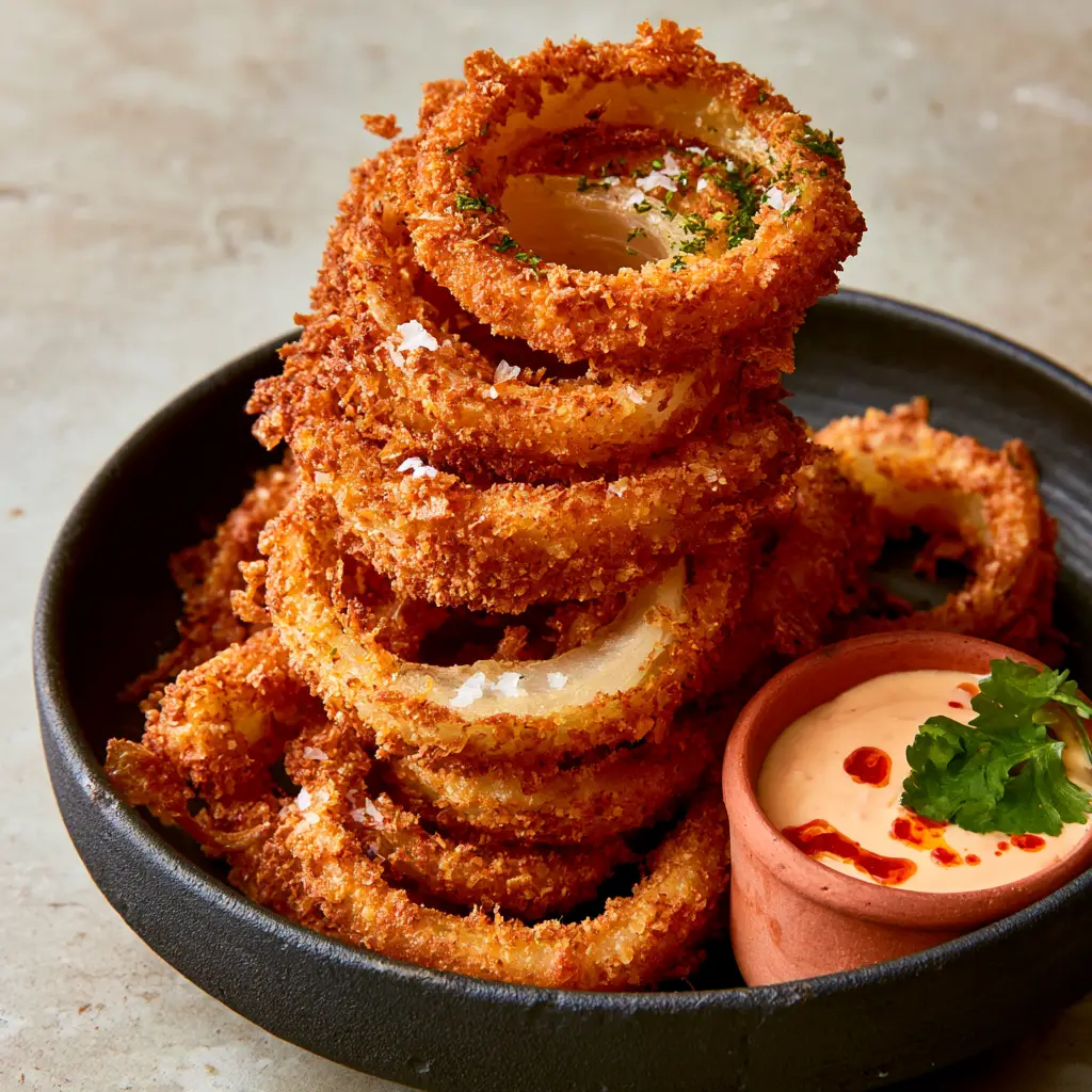 Towering stack of golden-brown keto onion rings next to a creamy pale-orange chipotle dipping sauce.