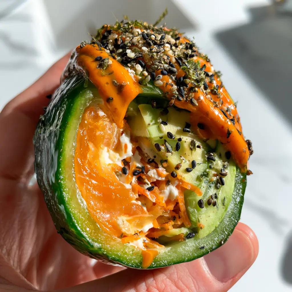 Cucumber Rolls with Smoked Salmon and Spicy Sriracha Mayo 1 Macro cross-section of a cucumber roll showing the layers of orange smoked salmon, white cream cheese, and green avocado.