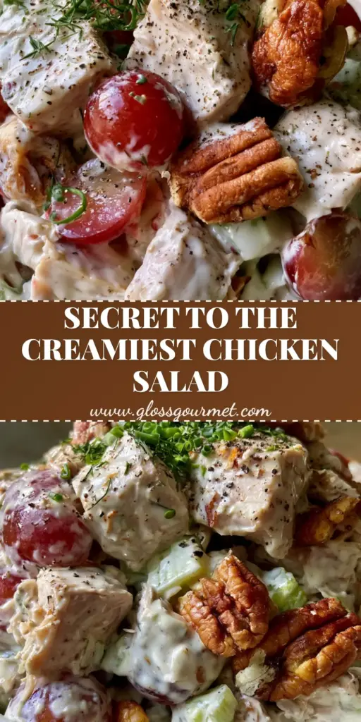 A close-up heap of southern chicken salad in a rustic bowl featuring creamy dressing, red grapes, and pecans.
