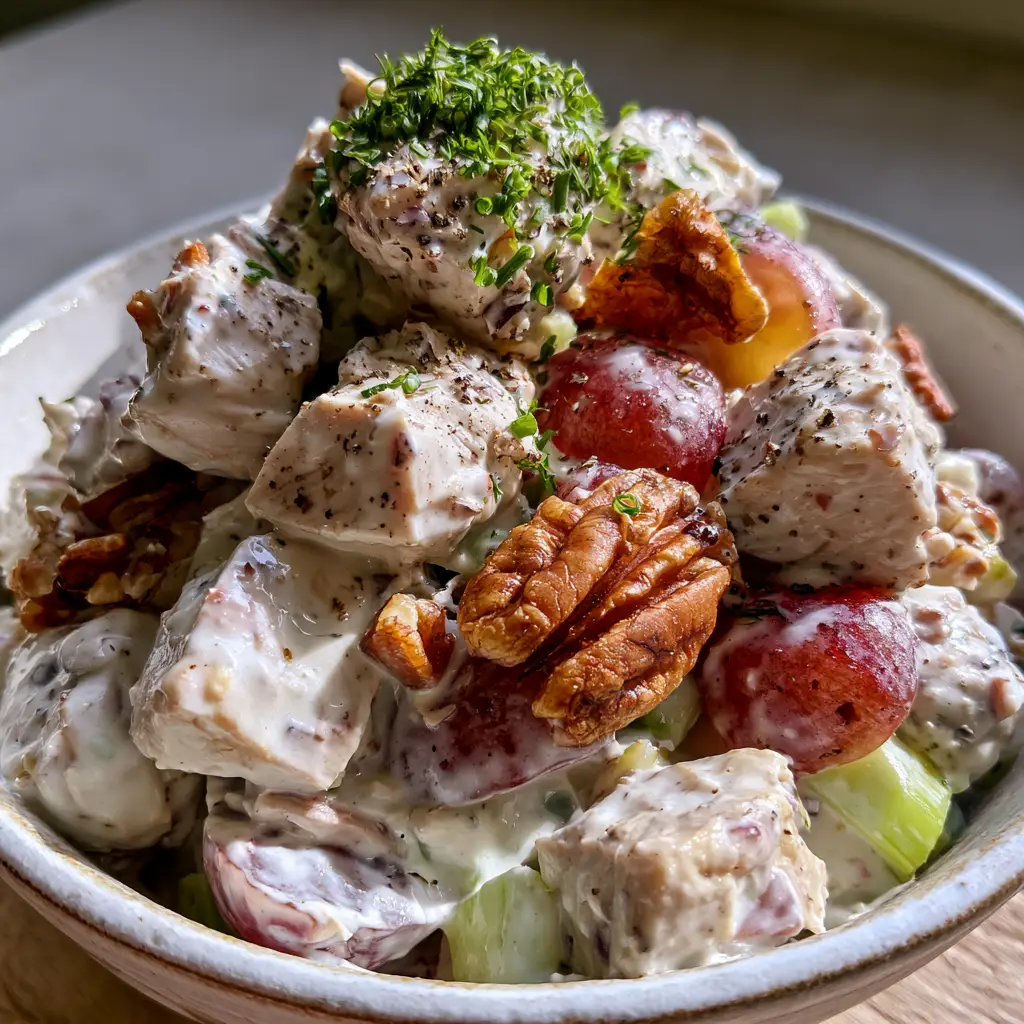 Handheld smartphone photo of southern chicken salad with tender chicken chunks and velvety white dressing.