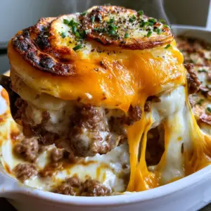 A close up photo of golden-brown scalloped potatoes in a cheesy hamburger potato casserole.