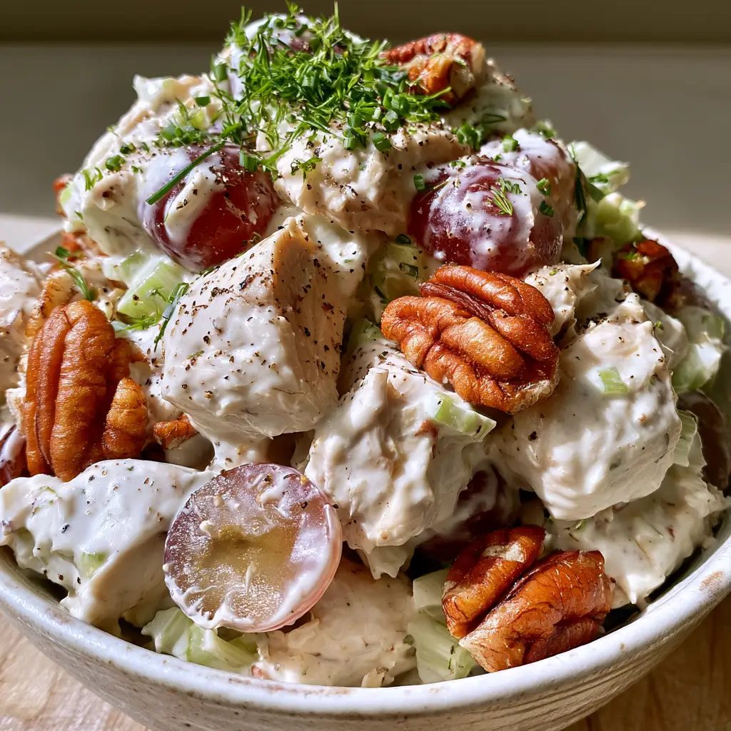 Overhead shot of southern chicken salad showing halved red grapes, toasted pecans, and fresh dill garnish.
