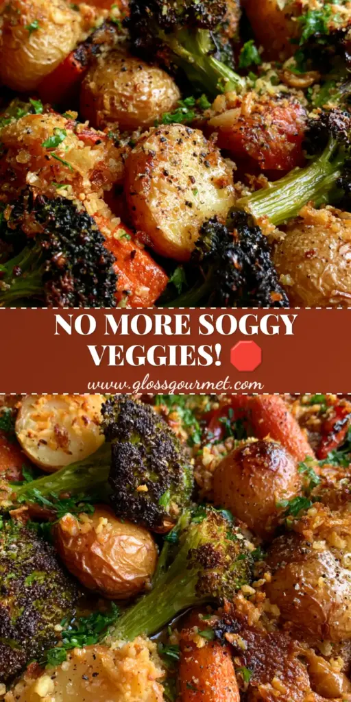 A close-up of garlic roasted vegetables on a dark sheet pan featuring charred broccoli, golden potatoes, and crispy parmesan cheese clusters.