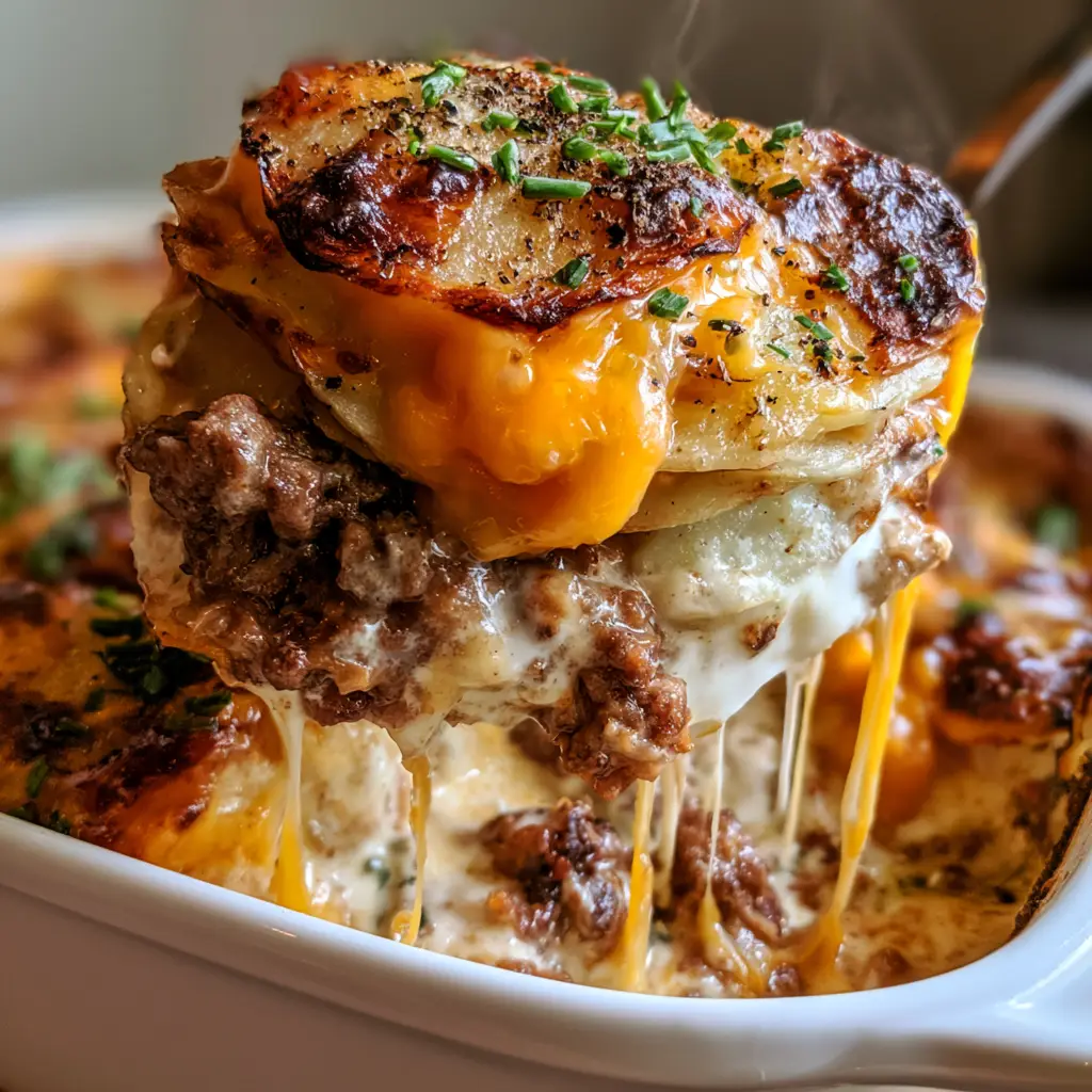 Hearty layer of browned seasoned ground beef and creamy white sauce in a casserole dish.