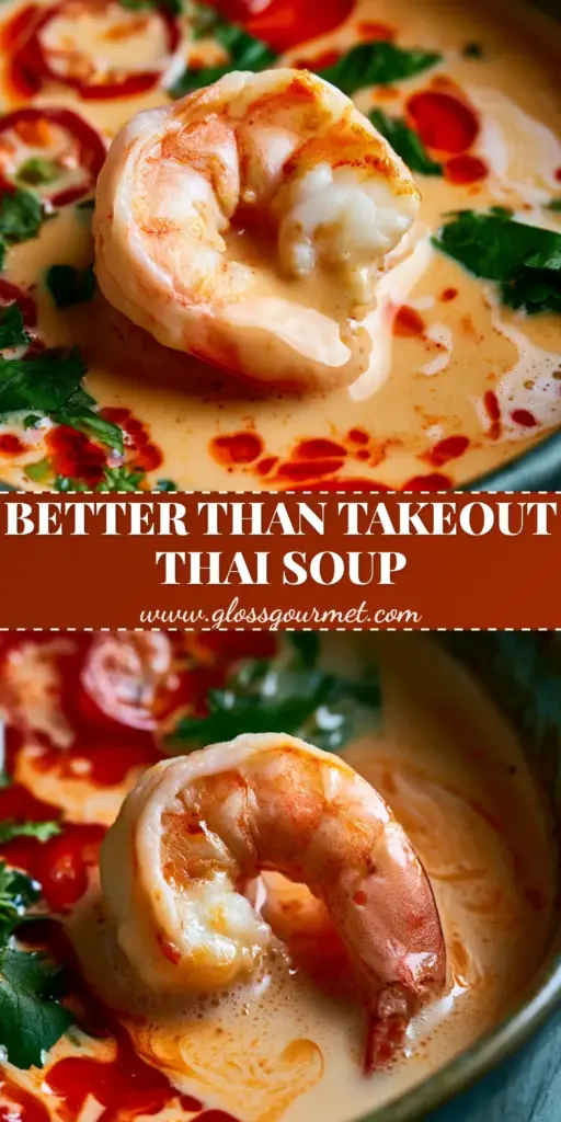 Thai shrimp soup with Creamy Coconut and Lime 3 A vertical shot of Thai shrimp soup in a dark teal bowl with jumbo seared shrimp and red chili oil swirls.