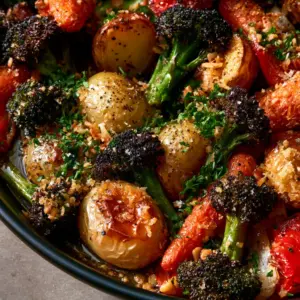 Close-up of garlic roasted vegetables showing blistered red peppers and charred broccoli tips. (garlic roasted vegetables)