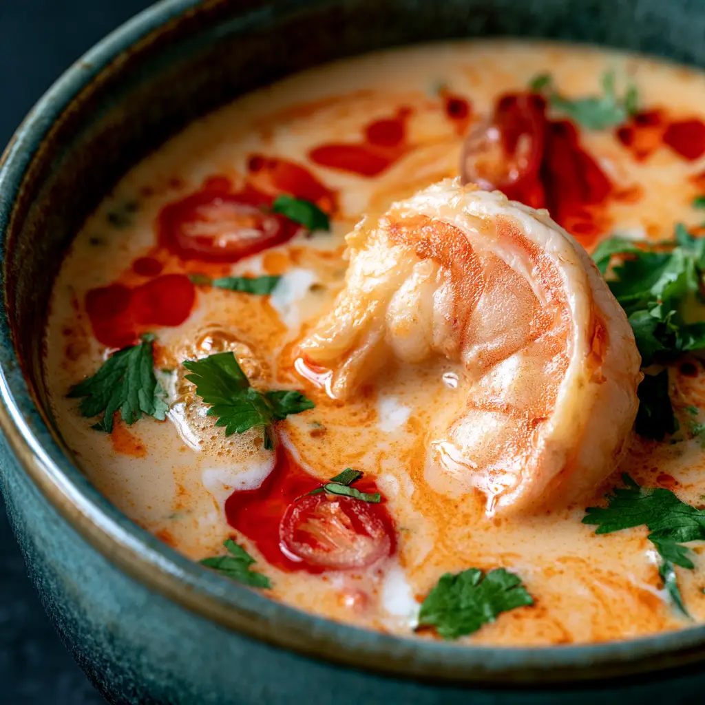 Extreme macro close-up of Thai shrimp soup showing a golden seared shrimp and bright red chili oil droplets.