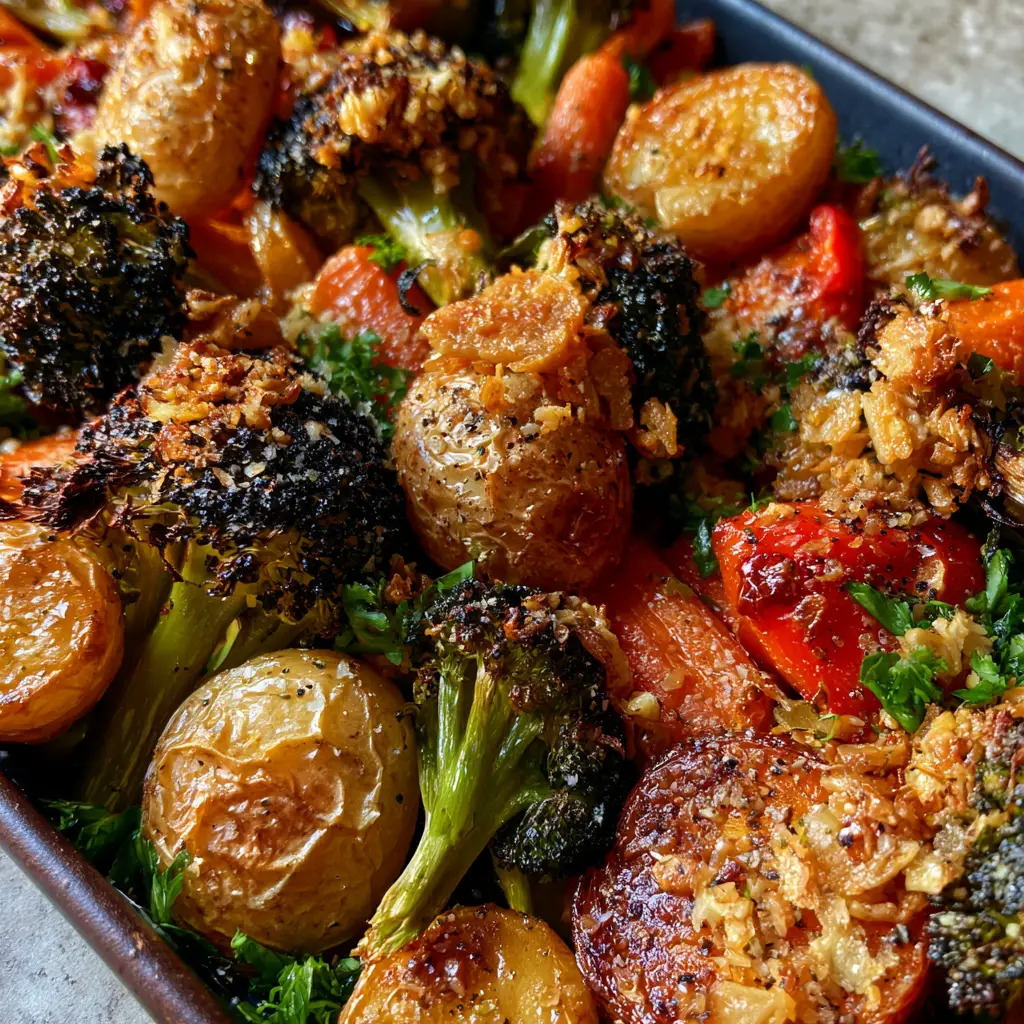 Detailed shot of baby potatoes with shriveled skins and golden fried garlic in a pan of garlic roasted vegetables.