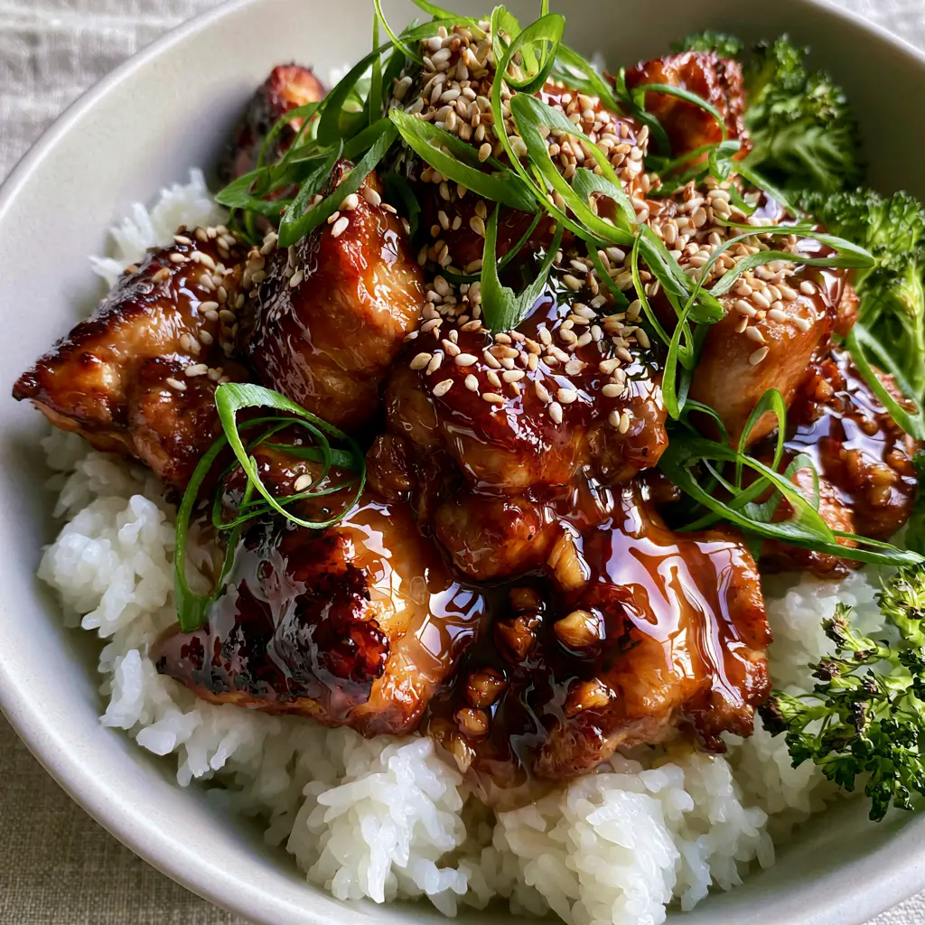 Macro shot of honey garlic glaze on asian style chicken with visible garlic and sesame seeds.