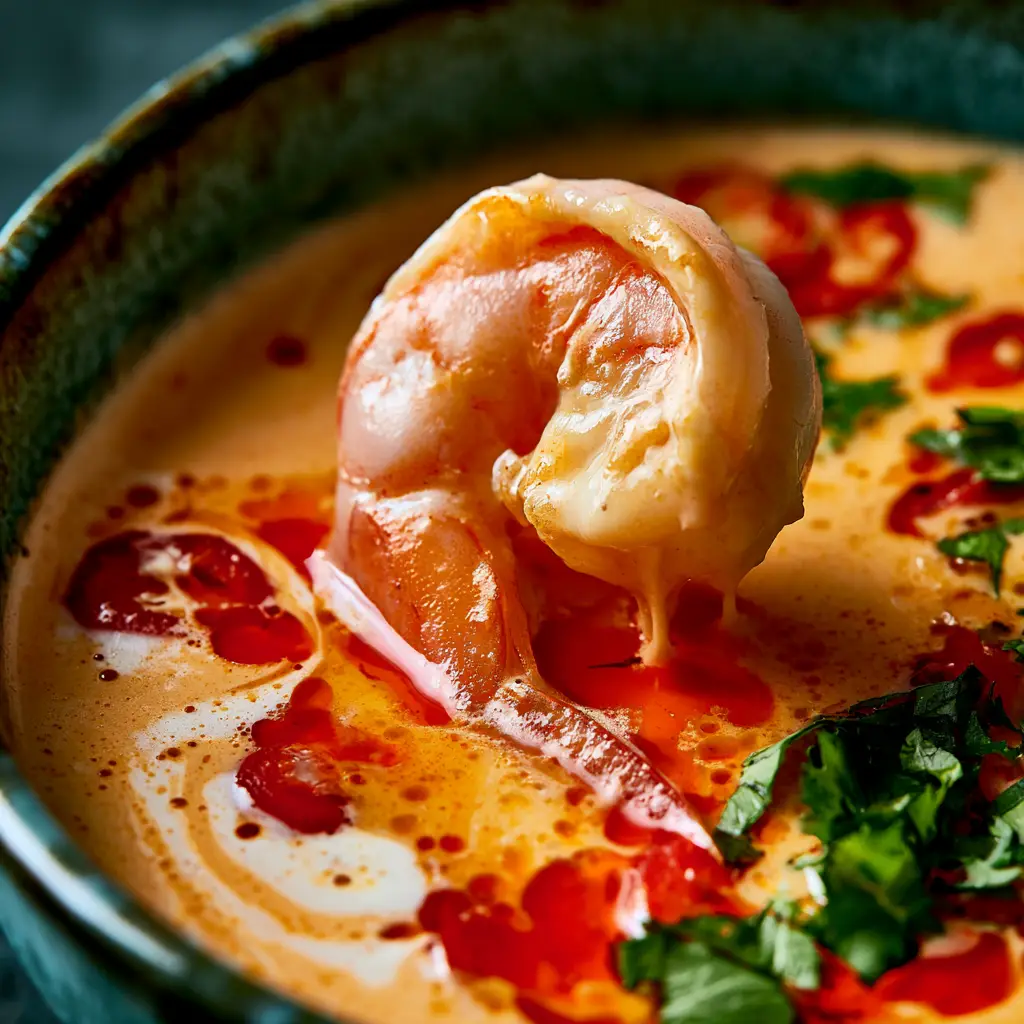 Thai shrimp soup with Creamy Coconut and Lime 1 Close-up of creamy coconut broth swirls in a bowl of Thai shrimp soup with sliced bird's eye chilies.