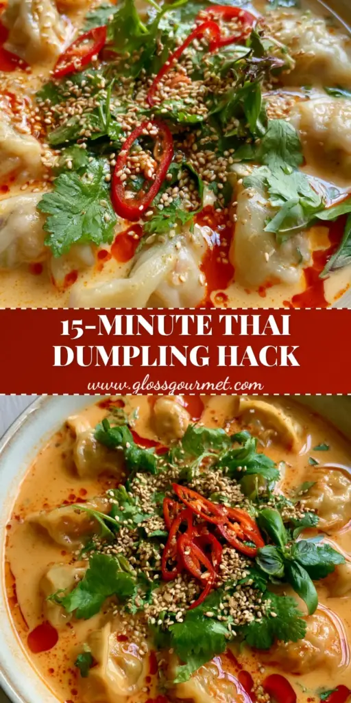 A shallow ceramic bowl of Thai Dumpling Soup with creamy orange broth, crimson chili oil droplets, fresh cilantro, and sliced red bird's eye chilies.