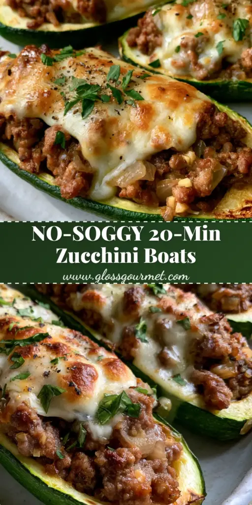 Stuffed Zucchini Boats with Seared Beef and Bubbly Mozzarella 3 A close-up vertical shot of three Stuffed Zucchini boats topped with bubbly melted mozzarella and fresh parsley on a white platter.