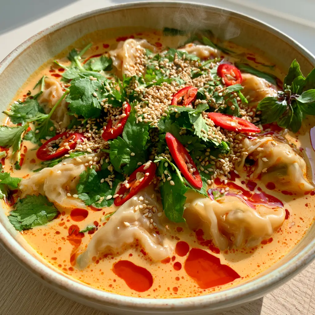 Overhead smartphone photo of Thai Dumpling Soup with visible steam, pleated pork dumplings, and Thai basil leaves. (Thai Dumpling Soup)