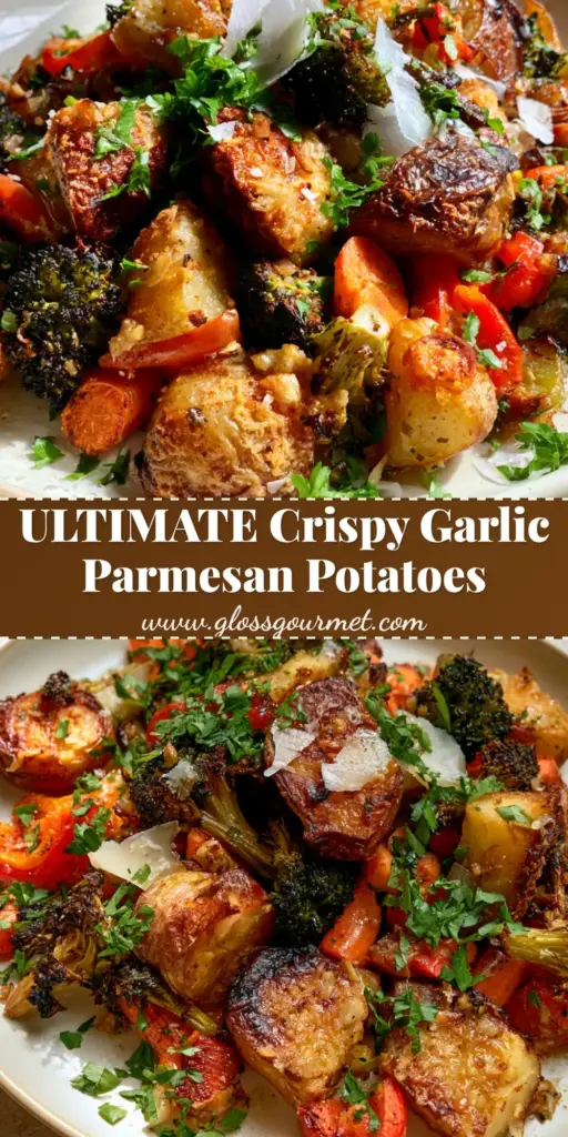 A overhead heap of crispy roasted potatoes and veggies including charred broccoli and blistered peppers on a cream tray. (roasted potatoes and veggies)