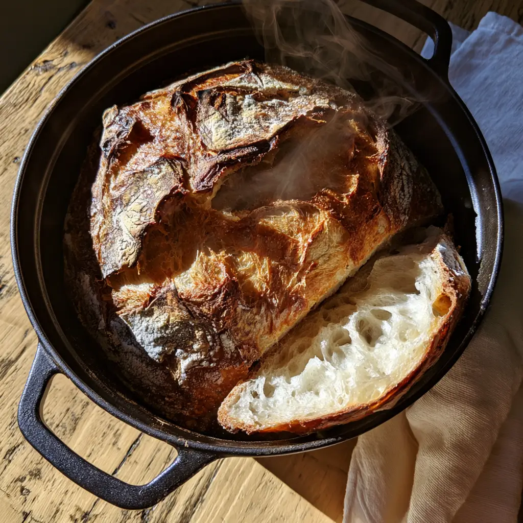 Top down view of a crusty bread loaf with a slice removed showing soft porous white interior crumb and wisps of hot steam. (homemade bread recipe)