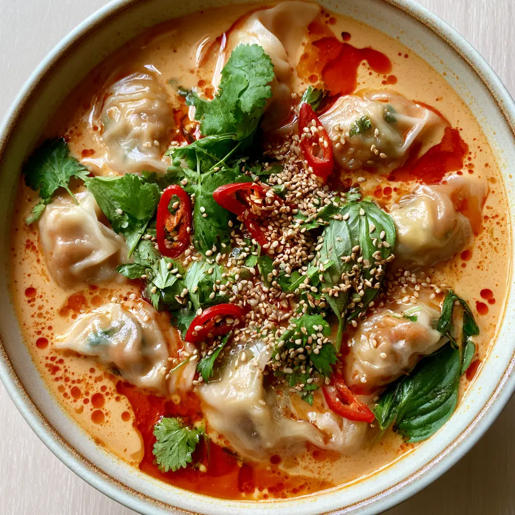 Close up of creamy Thai Dumpling Soup showing vibrant red chili oil droplets and toasted sesame seeds.