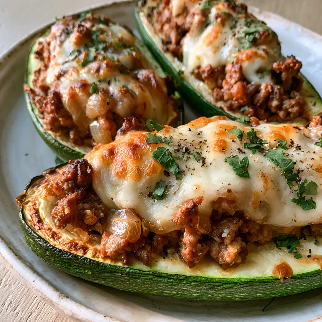 Home 6 Macro shot of seared Stuffed Zucchini boats showing golden-brown edges and juicy ground beef filling.