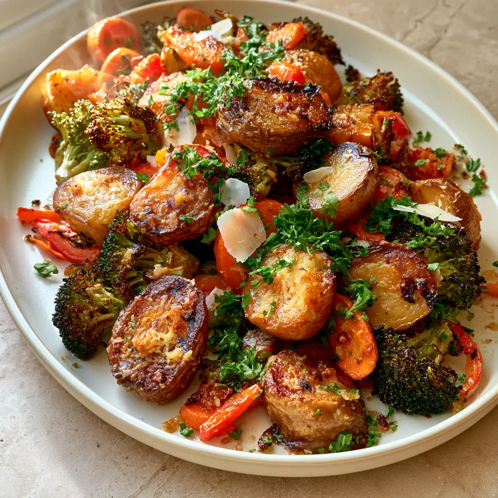 Close up of roasted russet potato chunks with craggy edges mixed with charred broccoli. (roasted potatoes and veggies)
