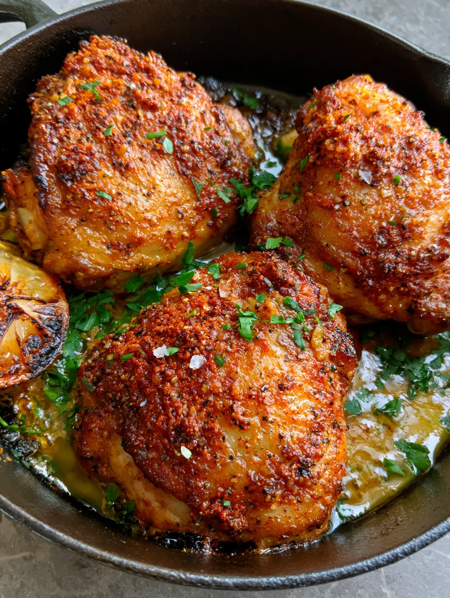 Extreme close-up of three golden-umber chicken thighs with bubbly, shattered skin. (Bobby Flay's Chicken Thighs)