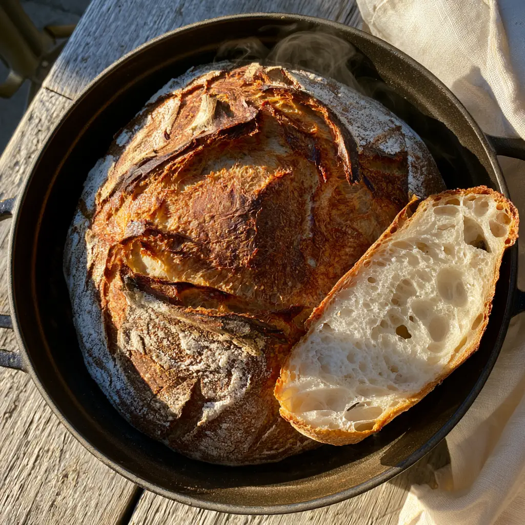 A close up of the crackly crust dusted with white flour sitting on a cream linen napkin and oak table. (homemade bread recipe)