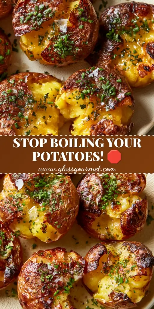 Potato Recipe: Ultra-Crispy Garlic Butter Smashed Baby Golds 4 A top-down Pinterest-style shot of crispy smashed baby gold potatoes with charred edges and garlic butter glaze. (potato recipe)