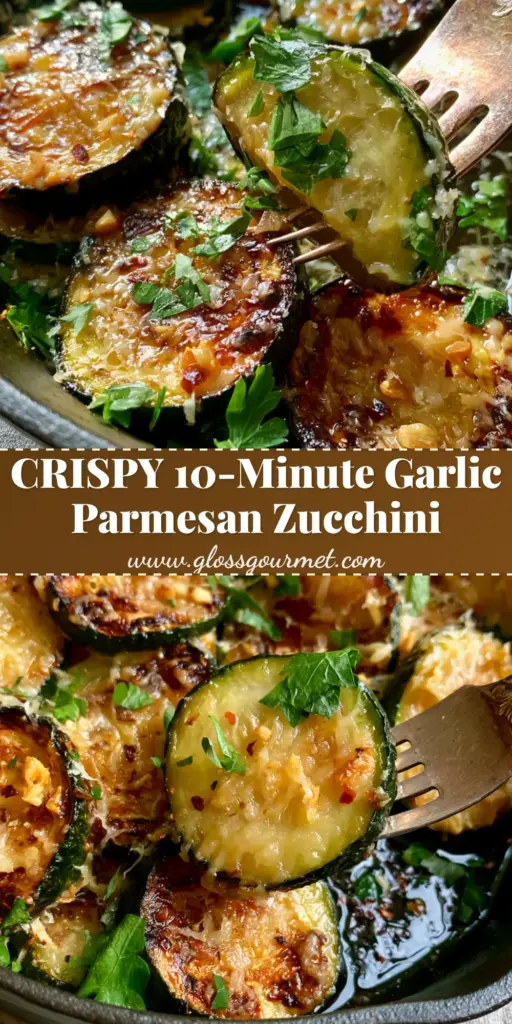 Sauteed Zucchini with Lacy Parmesan Crust and Toasted Garlic 3 A close-up vertical shot of golden-brown Sauteed Zucchini rounds with a lacy parmesan crust, sprinkled with fresh parsley and red pepper flakes in a cast iron pan.