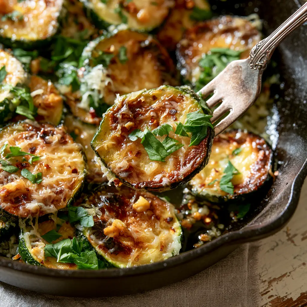 Macro shot of Sauteed Zucchini rounds in a matte black cast iron skillet showing deep caramelized char marks and melted cheese.