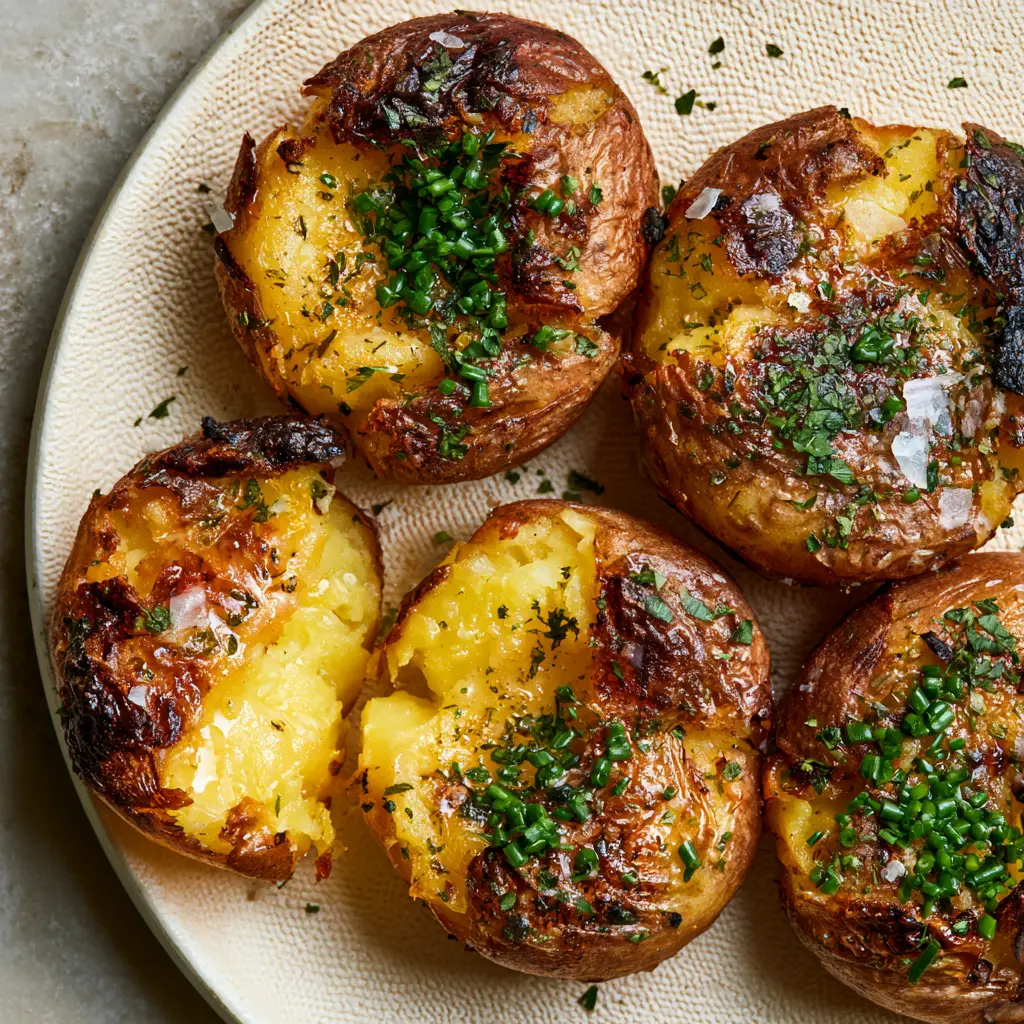 Potato Recipe: Ultra-Crispy Garlic Butter Smashed Baby Golds 1 Top-down view of smashed gold potatoes glistening with garlic butter and garnished with chives and Maldon salt. (potato recipe)
