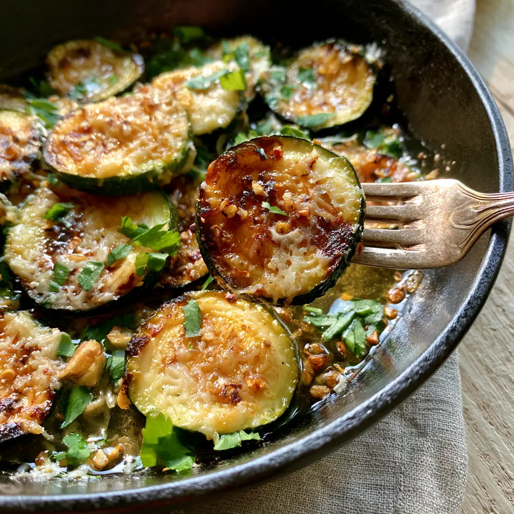 Sauteed Zucchini with Lacy Parmesan Crust and Toasted Garlic 1 Overhead view of pan-seared zucchini with lacy parmesan, toasted garlic, and bright green flat-leaf parsley.