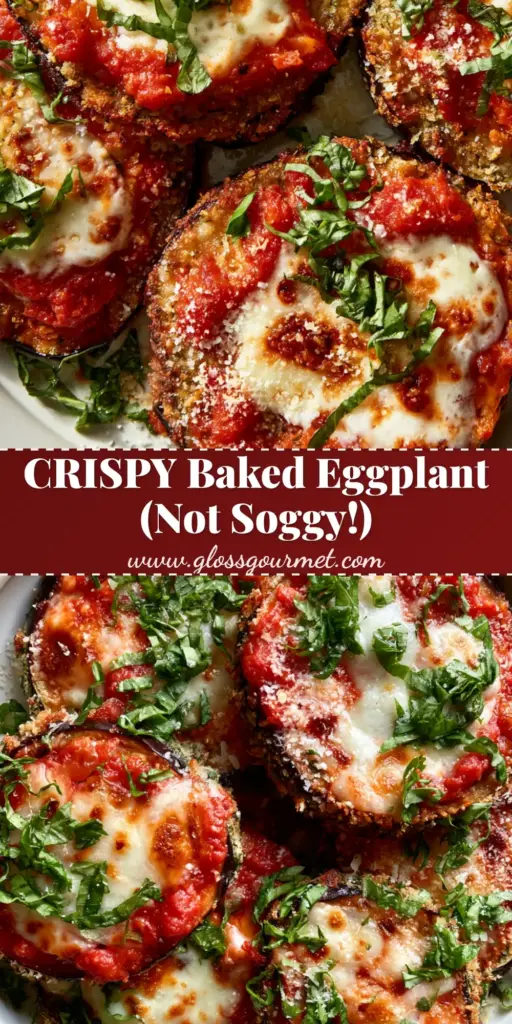 Baked Eggplant Parmesan With Ultra-Crunchy Panko Crust 3 Top-down macro view of baked eggplant parmesan rounds on a platter with bubbly mozzarella and fresh basil.
