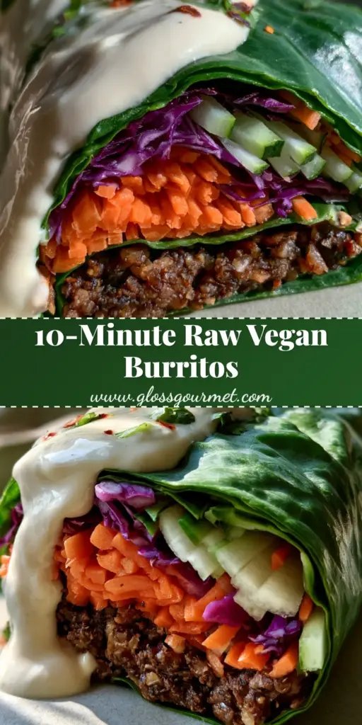 Raw food burritos with Walnut Taco Meat and Cashew Lime Crema 4 A handheld smartphone photo of raw food burritos sliced diagonally to show layers of walnut meat, carrots, and purple cabbage. (Raw food burritos)