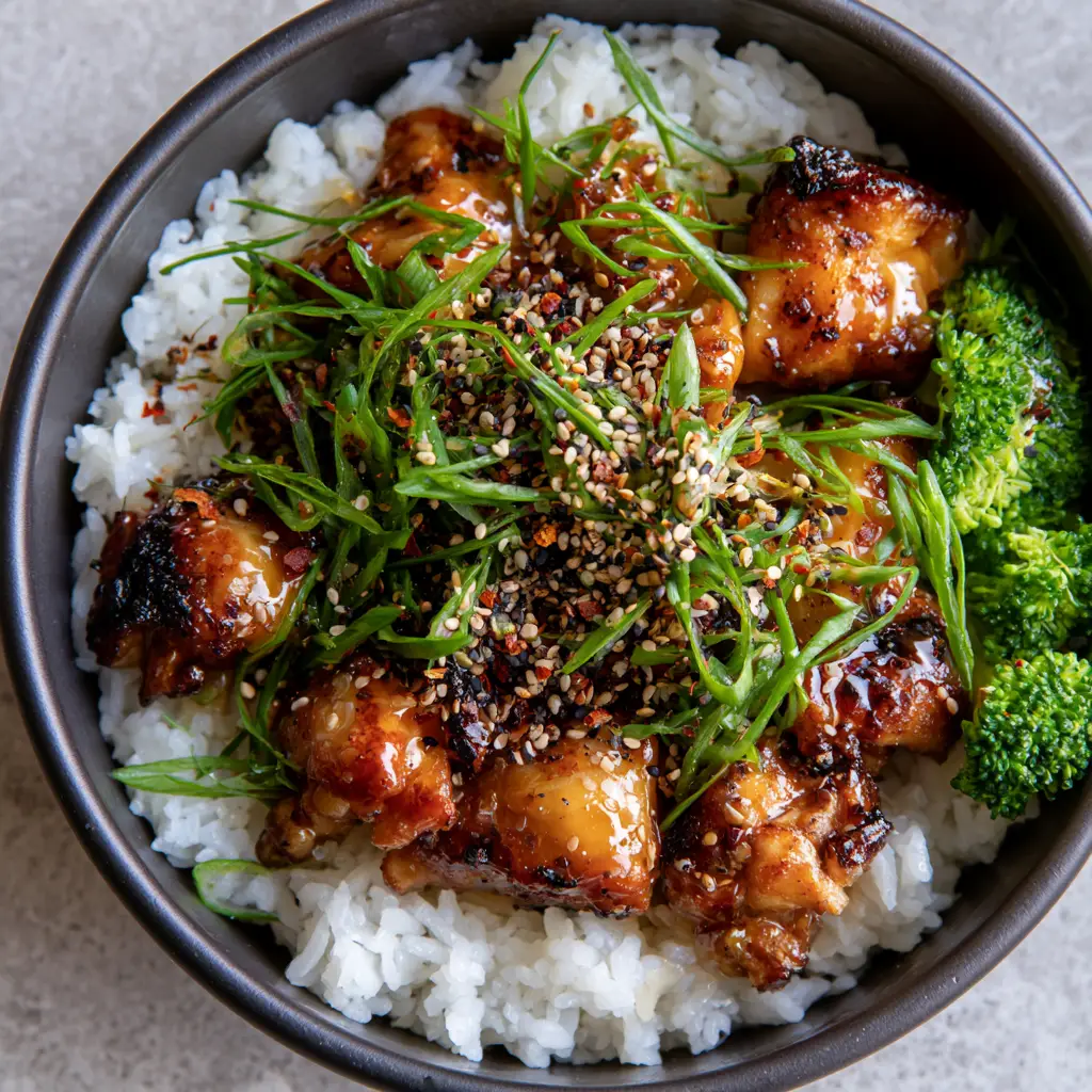 Sticky Asian Chicken Stir-Fry with Honey Garlic Glaze and Jasmine Rice 2 Macro shot of seared chicken thigh pieces coated in a thick amber honey glaze with charred edges. (sticky asian chicken stir-fry)