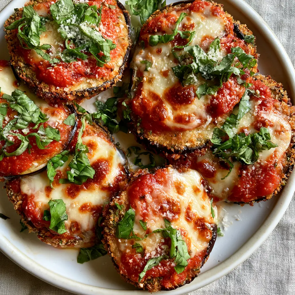 Close up of thick round slices of baked eggplant parmesan featuring panko crust and crimson marinara.
