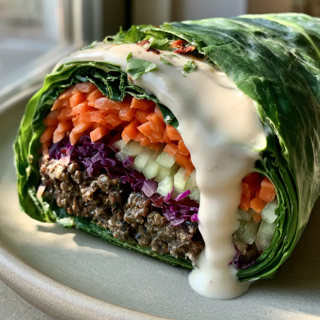 Close up of the dense internal layers of a raw vegan burrito with walnut meat and cashew crema. (Raw food burritos)