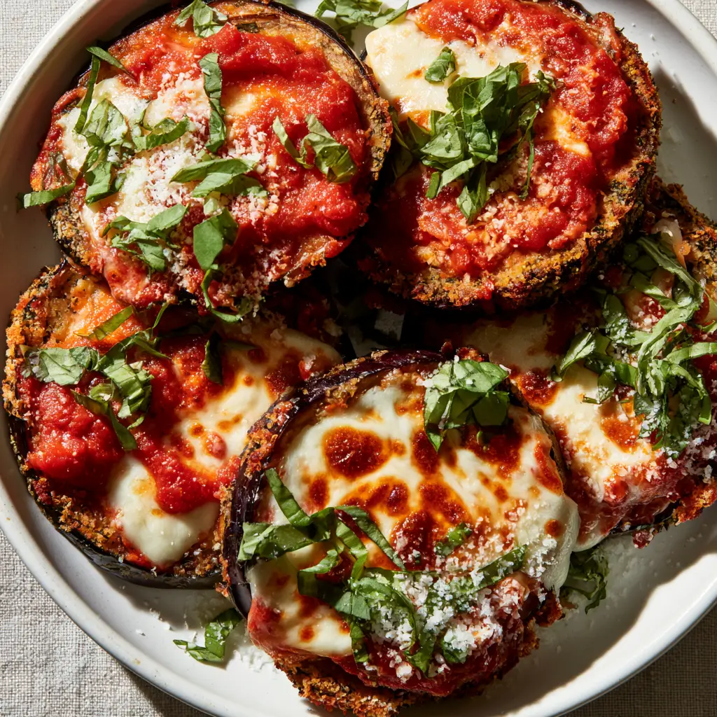 Baked Eggplant Parmesan With Ultra-Crunchy Panko Crust 1 Detailed shot of melted bubbly mozzarella with toasted golden-brown spots on baked eggplant parmesan.