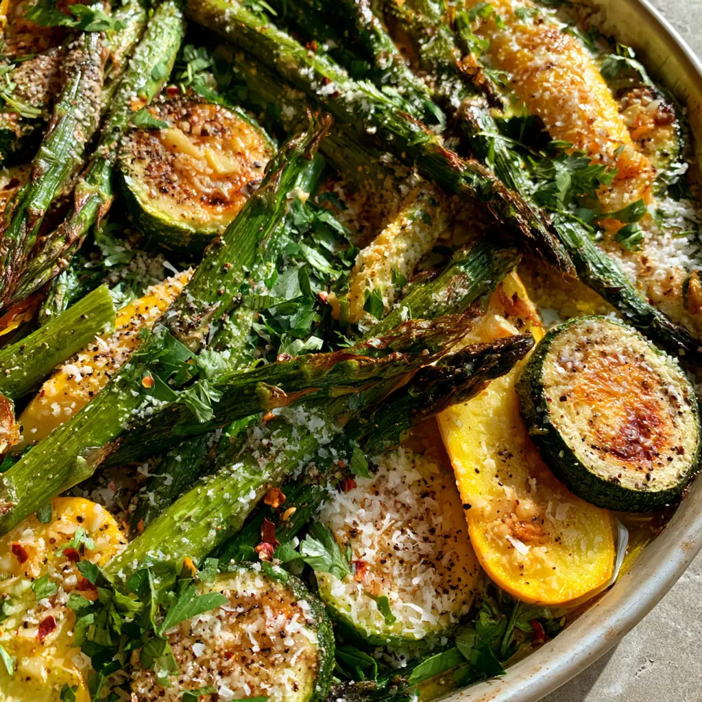 Top-down view of vibrant green asparagus and golden zucchini rounds on a grey stone background. (Asparagus with Zucchini and Squash)