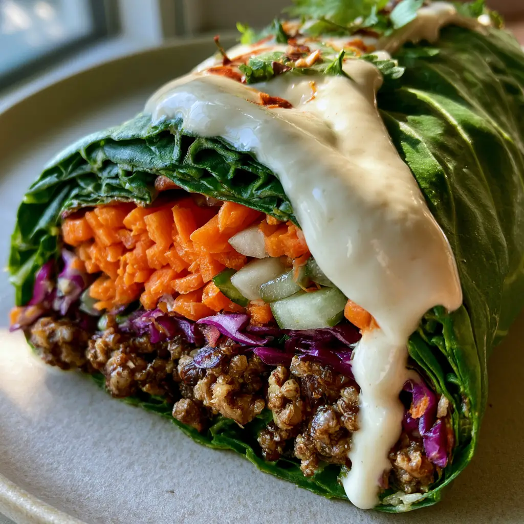 Raw food burritos with Walnut Taco Meat and Cashew Lime Crema 1 Two raw food burritos resting on a grey stoneware plate, showing the waxy emerald green collard leaf.