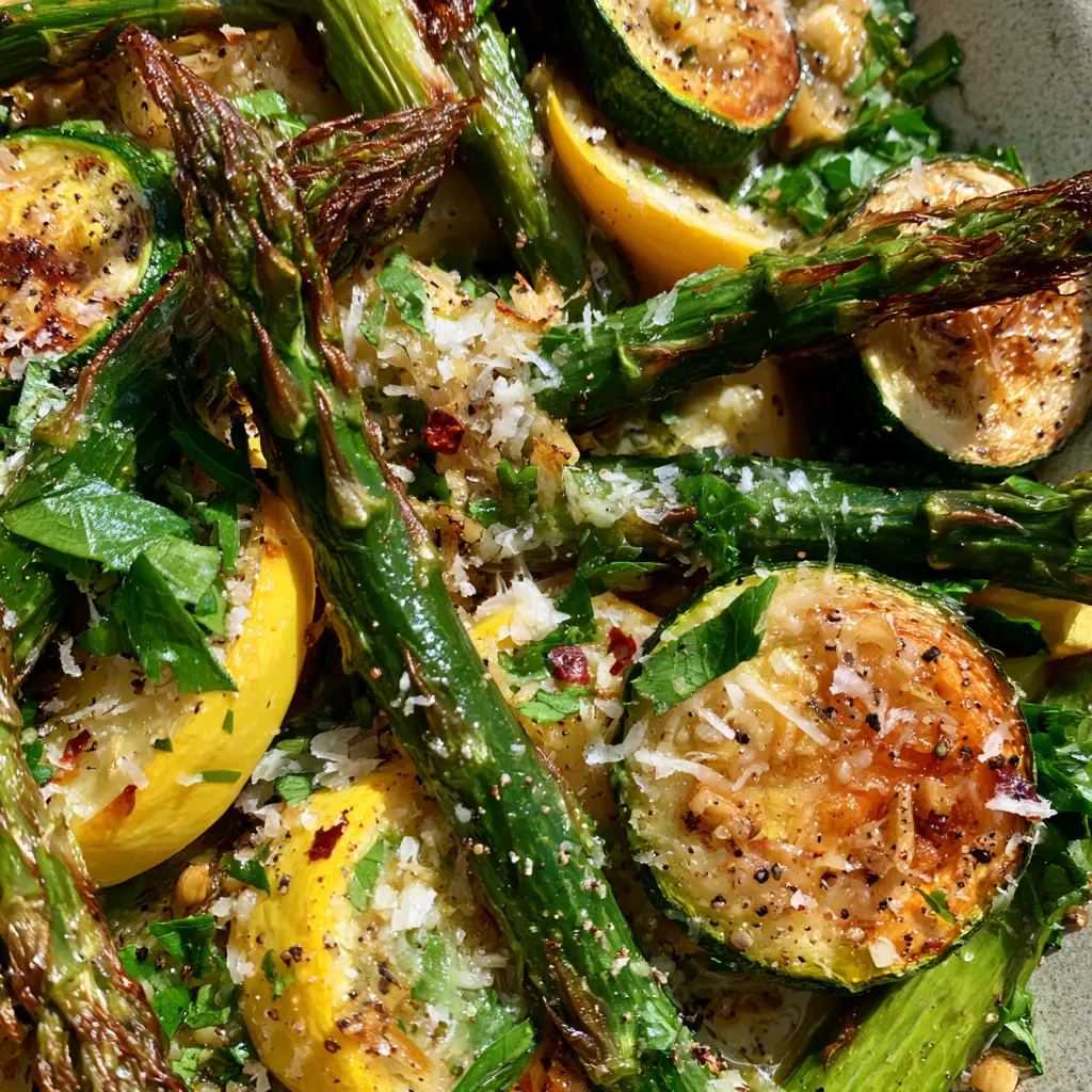 Asparagus with Zucchini and Squash (Easy Sheet Pan Roasted Veggies) 1 Close up of roasted vegetables with toasted garlic bits and melted parmesan cheese. (Asparagus with Zucchini and Squash)