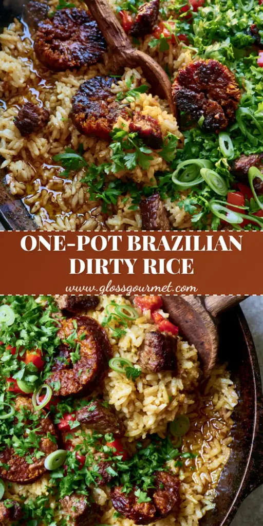 A top-down view of Brazilian dirty rice in a cast iron skillet with charred linguiça, seared beef, and fresh green scallion garnish.