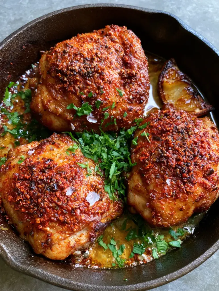 Top-down angle of chicken thighs sizzling in a cast iron skillet with golden rendered fat. (Bobby Flay's Chicken Thighs)