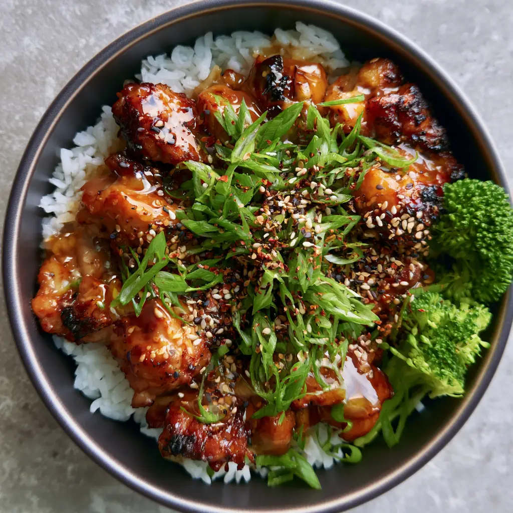 Sticky Asian Chicken Stir-Fry with Honey Garlic Glaze and Jasmine Rice 1 Top-down view of a modern charcoal bowl filled with jasmine rice and garnished chicken stir-fry. (sticky asian chicken stir-fry)