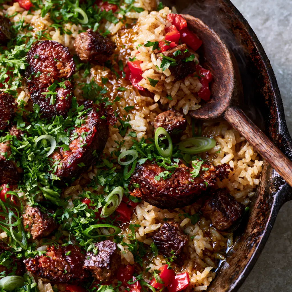A rustic wooden spoon scooping a portion of Brazilian dirty rice with red bell peppers and fresh parsley.