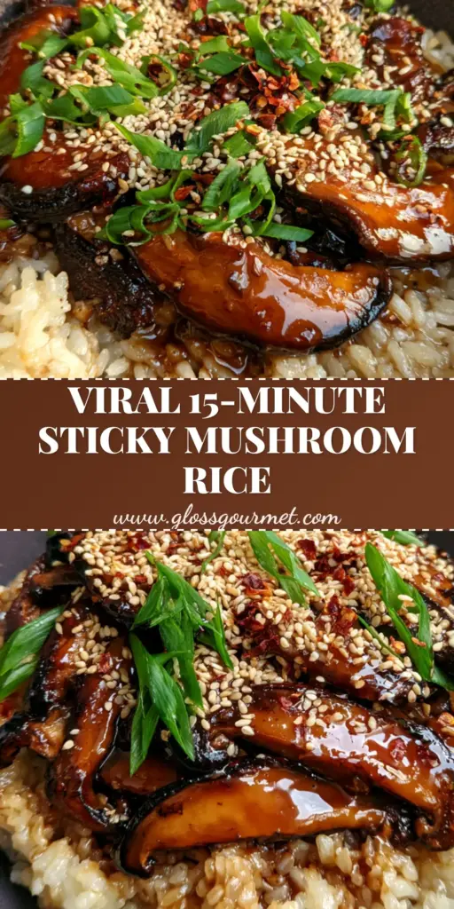 A shallow matte charcoal bowl of mushrooms with sticky rice topped with scallions and sesame seeds on a grey stone surface.
