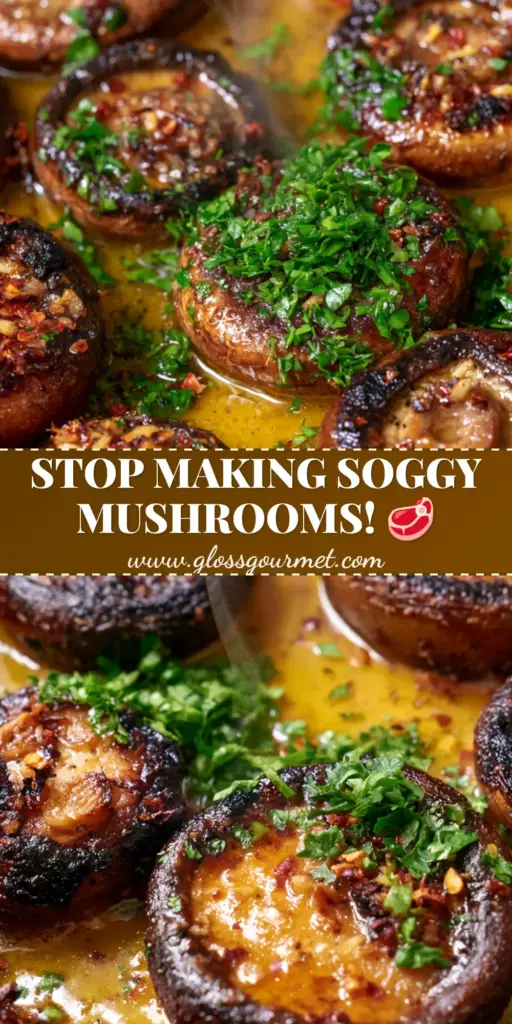 A rustic cast iron skillet filled with halved cremini mushrooms seared to a deep brown crust, glistening in garlic butter and topped with fresh parsley. (Cowboy Mushrooms recipe)