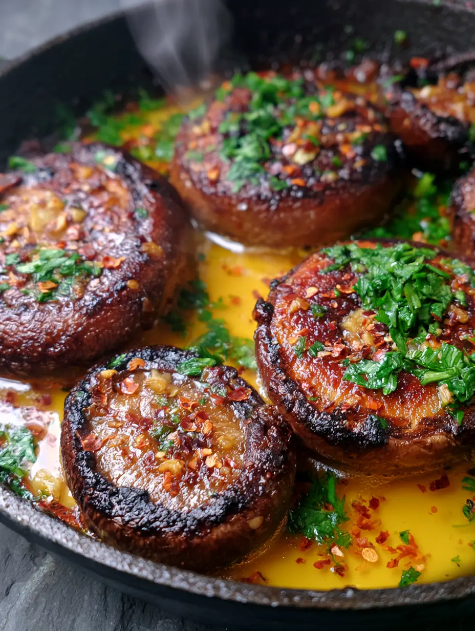 Extreme close-up of thick cremini mushroom halves seared to a deep chocolate-brown caramelized crust in a cast iron skillet. (Cowboy Mushrooms recipe)