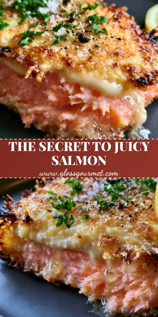 Baked Salmon with Mayo and Cheese: The Ultimate Creamy Garlic Crust 4 A close-up of baked salmon with mayo and cheese showing a bubbly golden parmesan crust, fresh parsley, and a lemon slice on a charcoal plate.