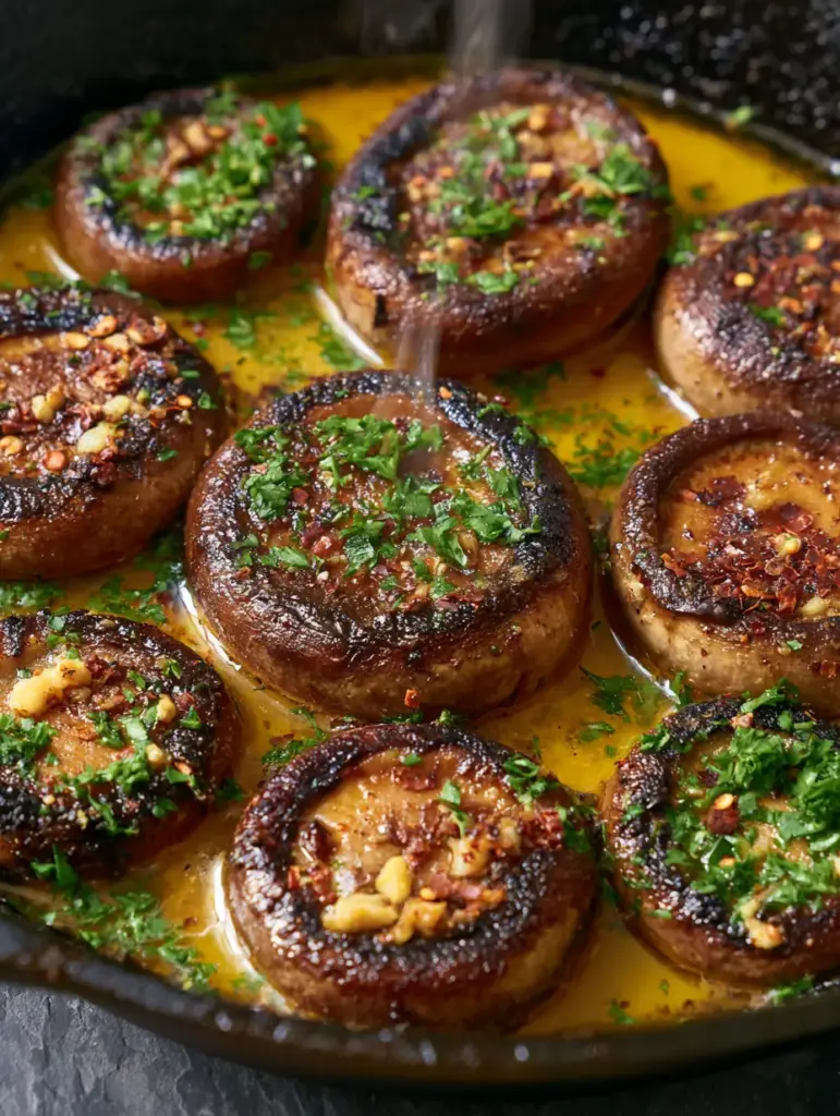 Close-up of mushrooms glistening in a pool of vibrant golden-yellow melted garlic butter with red pepper flakes and parsley.