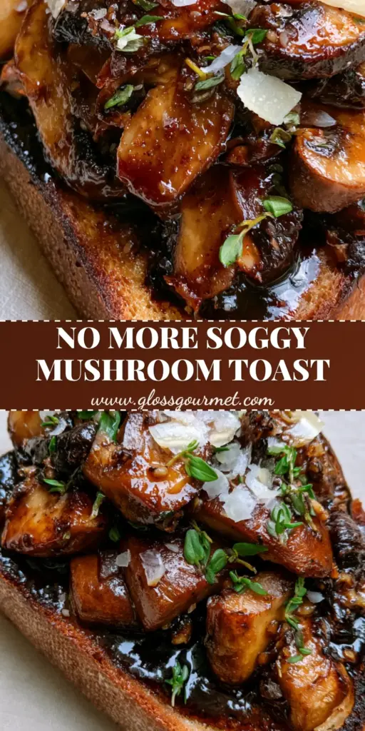 A handheld smartphone photo of a single slice of thick, rustic sourdough Mushroom Toast topped with seared cremini and shiitake mushrooms, dark balsamic glaze, and parmesan shavings.
