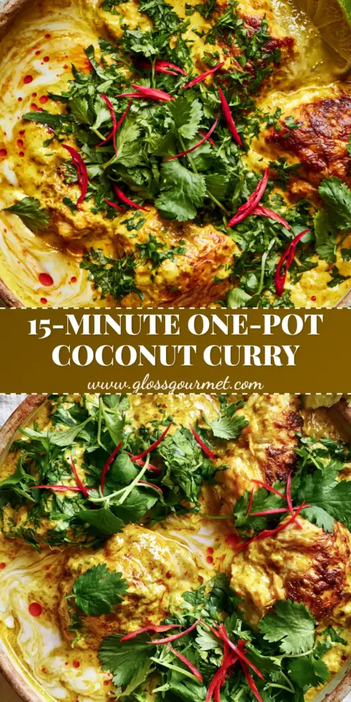 A top-down view of Coconut Curry Chicken in a rustic pot with golden sauce, cilantro, and red chili slivers.