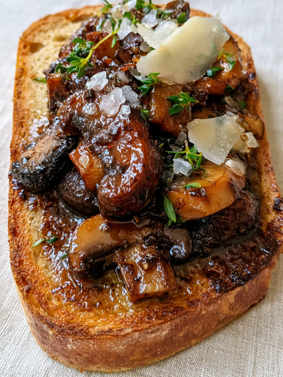 Close-up of seared mushrooms on sourdough bread showing charred mahogany edges and fresh thyme leaves. (Mushroom Toast)